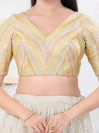 Joban Fashion Gold Jacquard Elbow Sleeveless Back Open Blouse | Grocsy