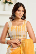 Vastranavya Yellow White Digital Printed Linen Ready To Wear Designer Saree with Unstitched Blouse | Grocsy