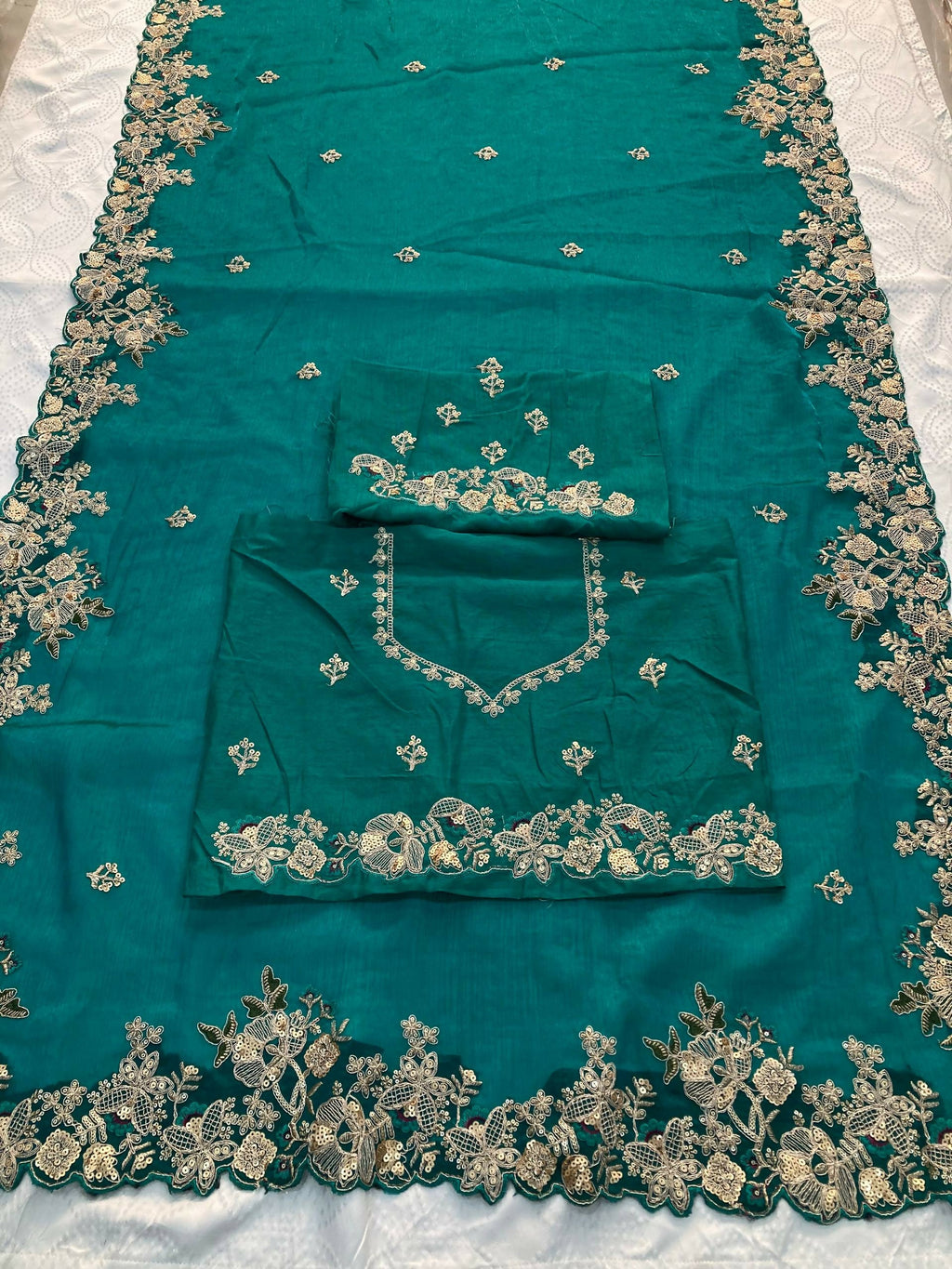 Teeya Creation New Womens Latest Party Wear Soft Chiffon Silk Saree-Teal | Grocsy