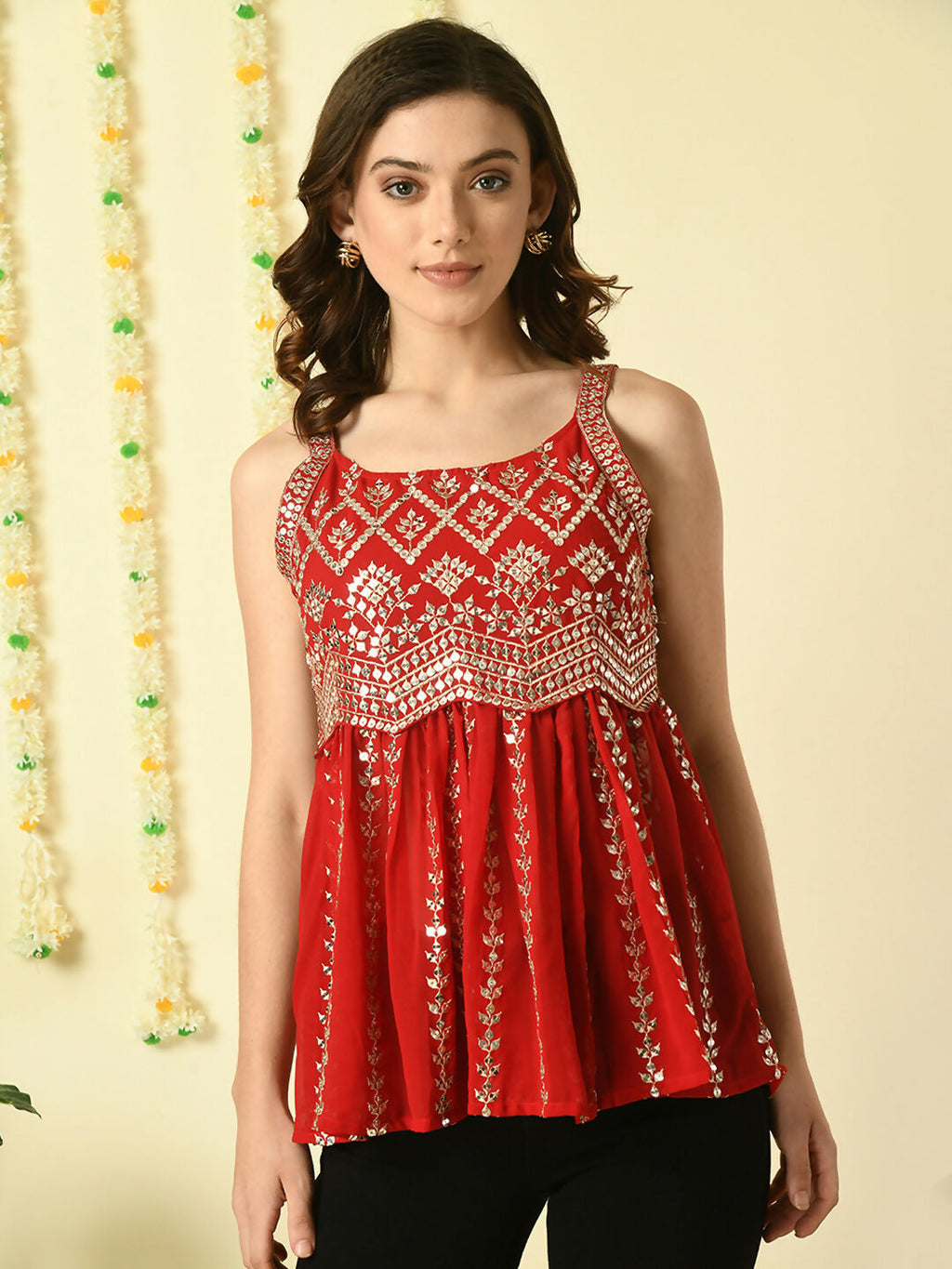 Myshka Women's Red Embroidered Party Fusion Top | Grocsy