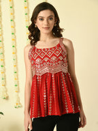 Myshka Women's Red Embroidered Party Fusion Top | Grocsy