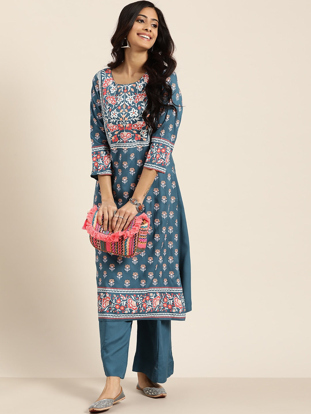 Sangria Women Teal Blue & White Printed Kurta with Palazzos | Grocsy