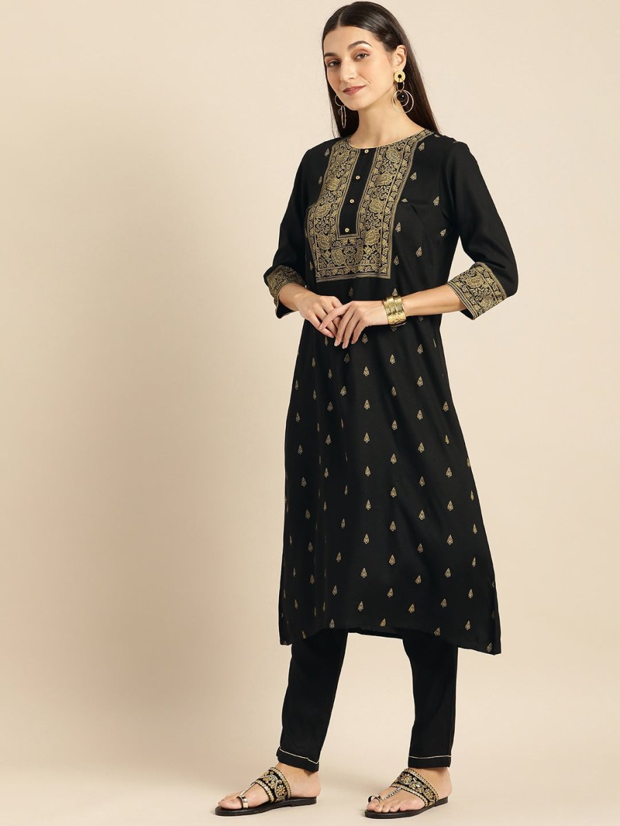 All About You Women Black & Mustard Yellow Printed Kurta with Trousers | Grocsy