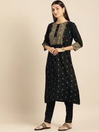 All About You Women Black & Mustard Yellow Printed Kurta with Trousers | Grocsy
