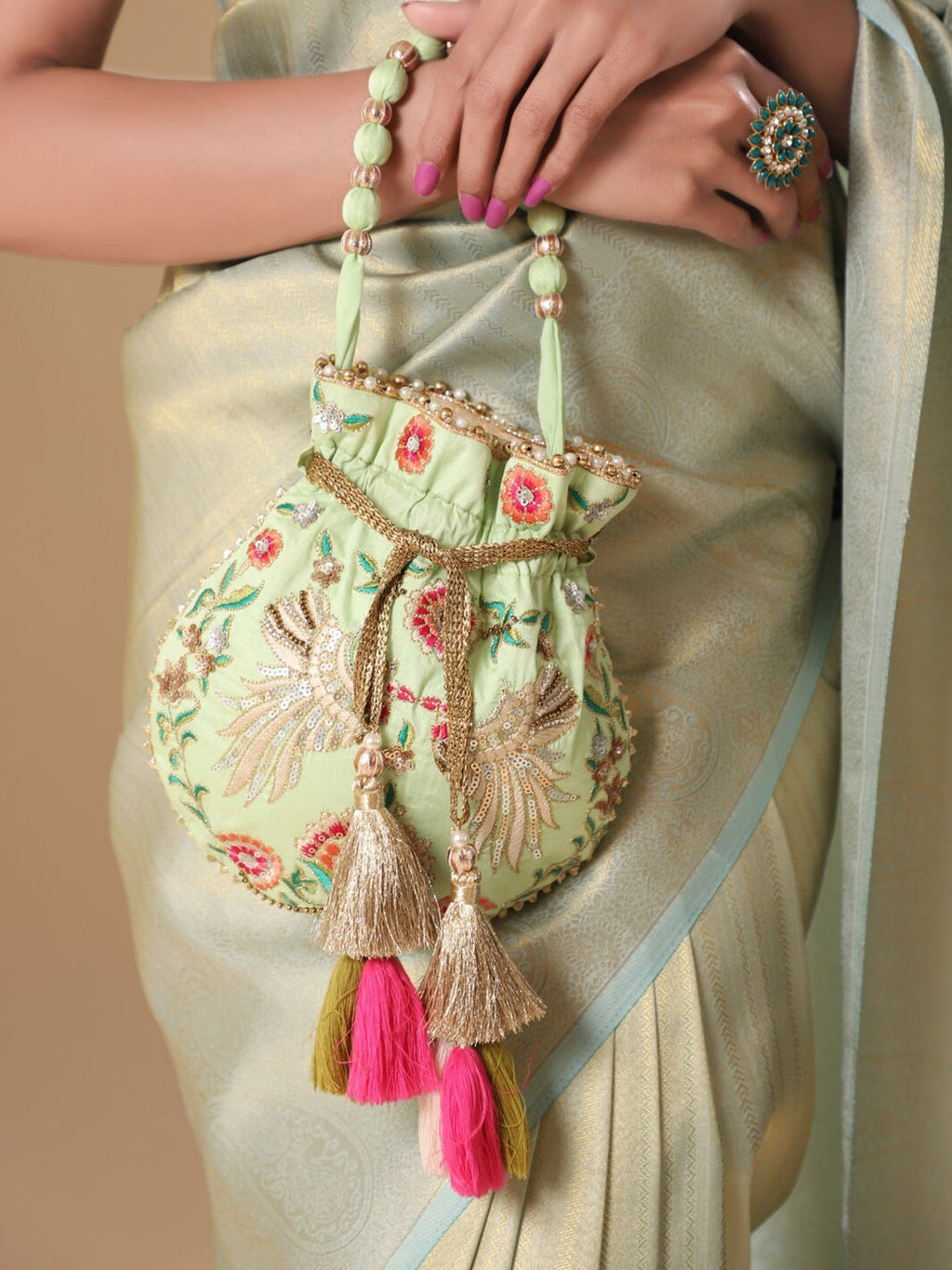 Masq Green & Red Embroidered Potli Clutch | Grocsy