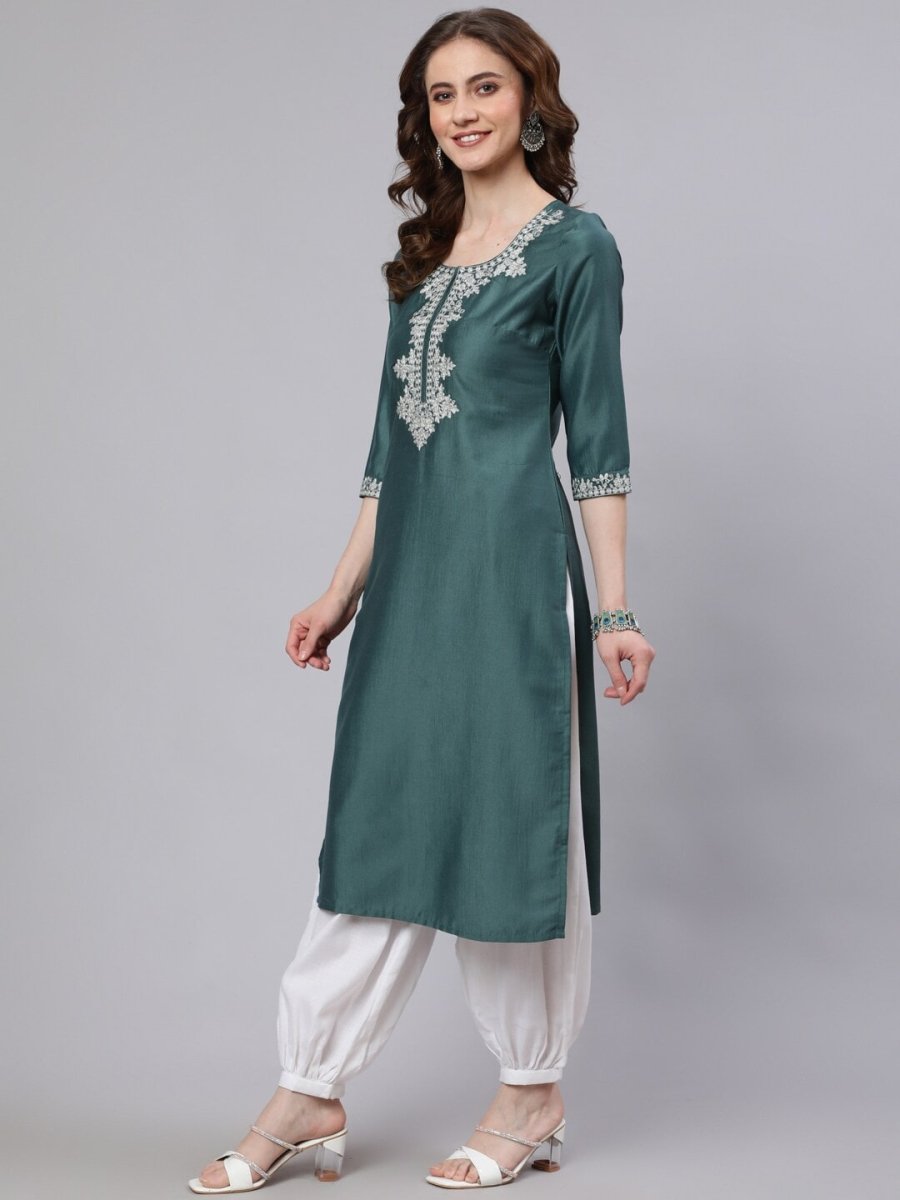 Aks Floral Yoke Design Thread Work Silk Kurta | Grocsy