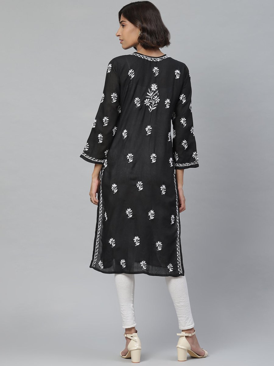 ADA Women Black & White Chikankari Embroidered Straight Sustainable Handloom Kurta | Grocsy
