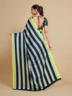 Sangria Navy Blue & Green Striped Satin Saree | Grocsy
