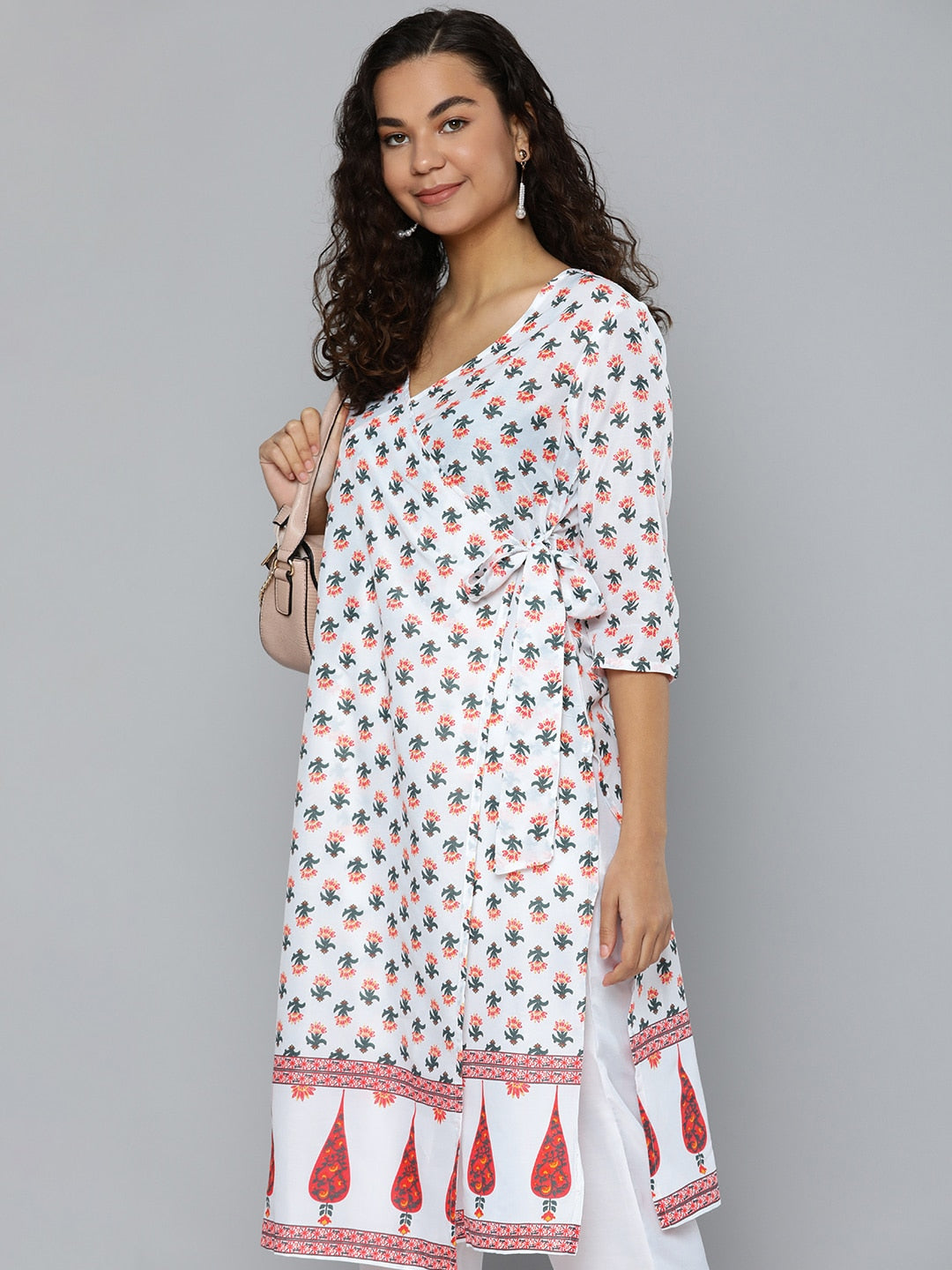 HERE&NOW Women White & Green Floral Printed Angrakha Kurta with Trousers | Grocsy