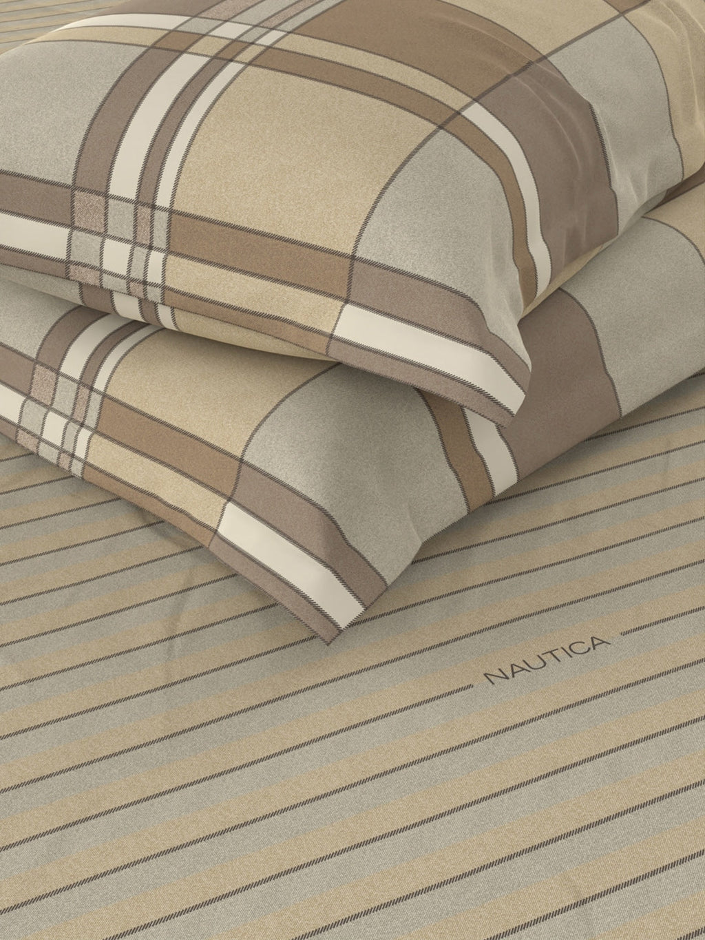 Nautica Brown & Brown Striped Cotton 160 TC King Bedsheet With 2 Pillow Covers | Grocsy