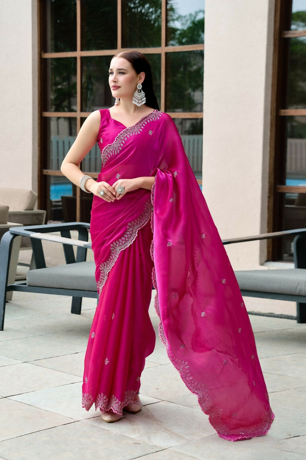 Vastranavya Pink Embroidery Work Shimmer Chiffon Saree with Unstitched Blouse | Grocsy