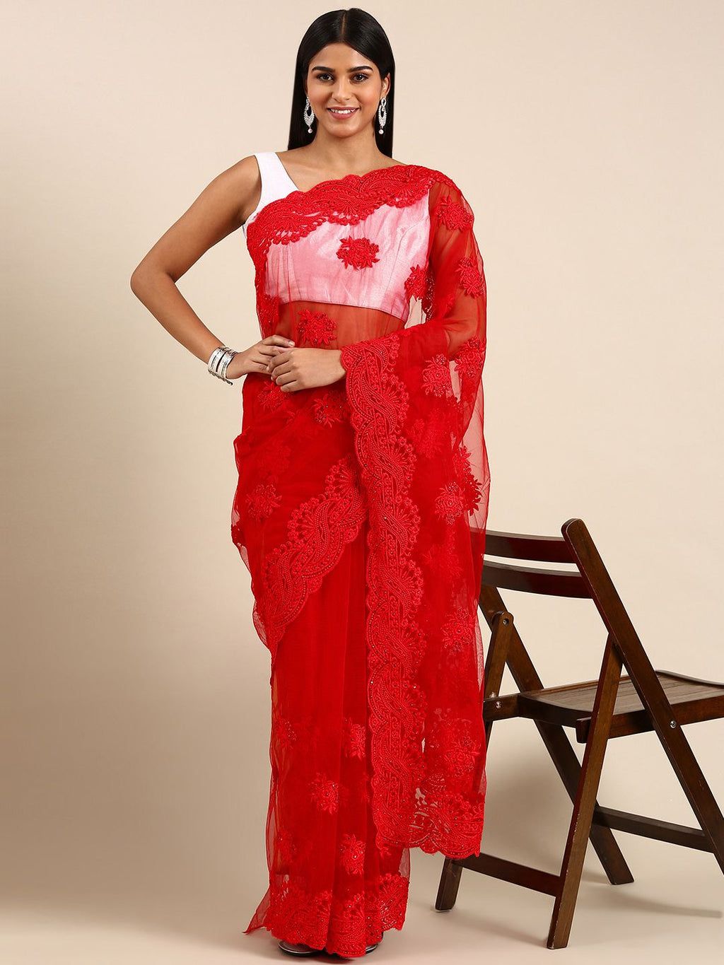 kasee Ethnic Motifs Embroidered Net Saree | Grocsy