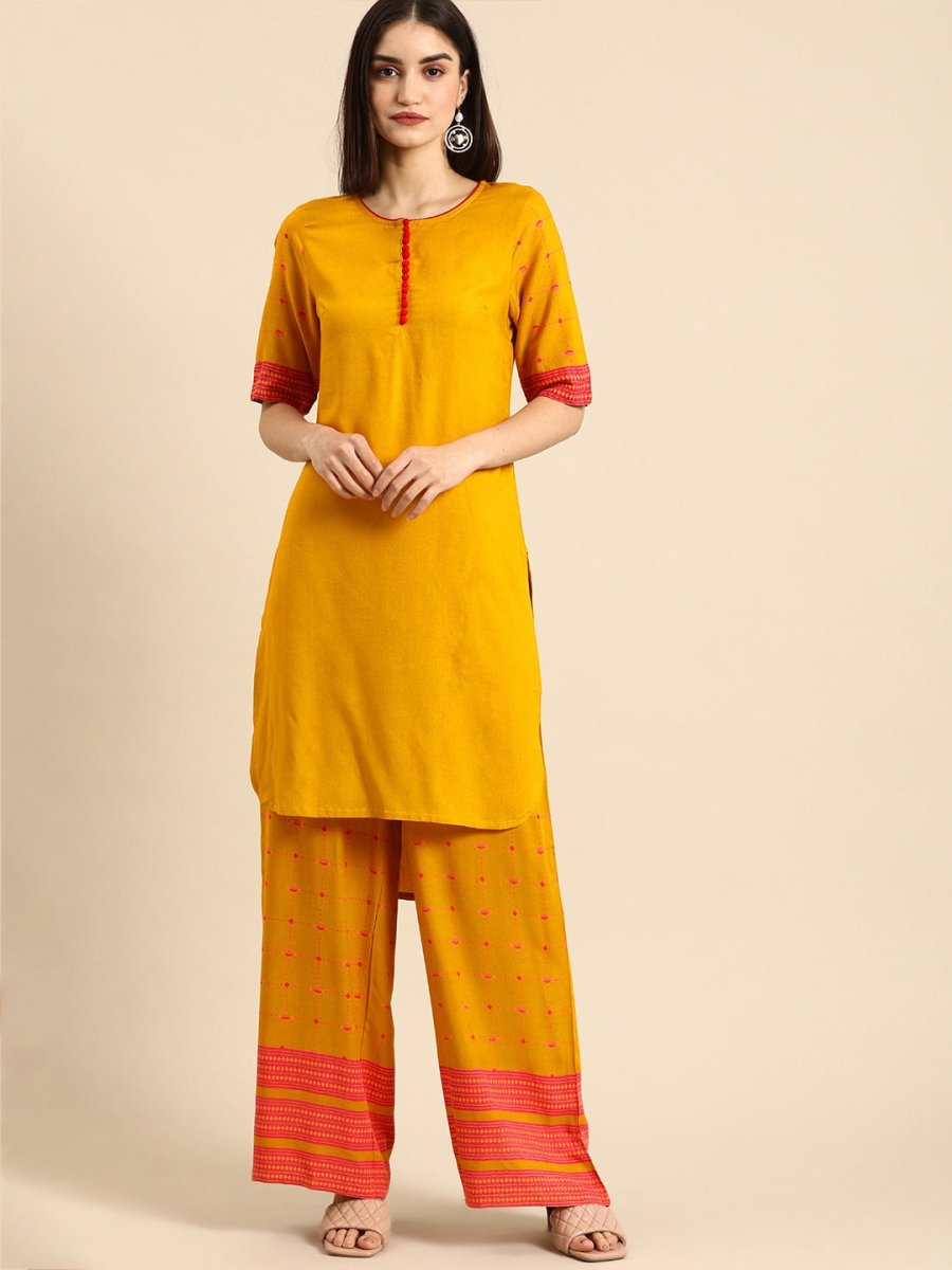 All About You Women Mustard Yellow & Pink Round Neck Regular Kurta with Palazzos | Grocsy
