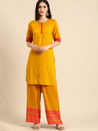 All About You Women Mustard Yellow & Pink Round Neck Regular Kurta with Palazzos | Grocsy