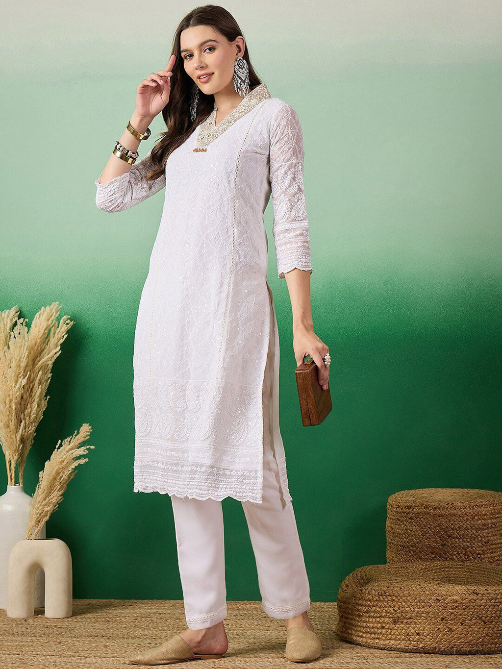 Sangria Women Embroidered Straight Kurta With Trouser Set | Grocsy