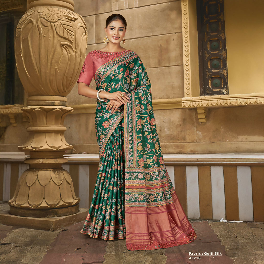 Green Gajji Silk Floral Print With Hand Mirror Work Border Saree With Unstitched Blouse - Norita Gajri | Grocsy