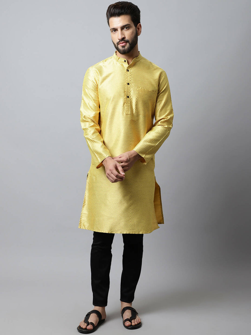 Even Apparels Yellow Color Art Silk Banarsi Silk Men's Kurta With Band Collar (BS017) | Grocsy