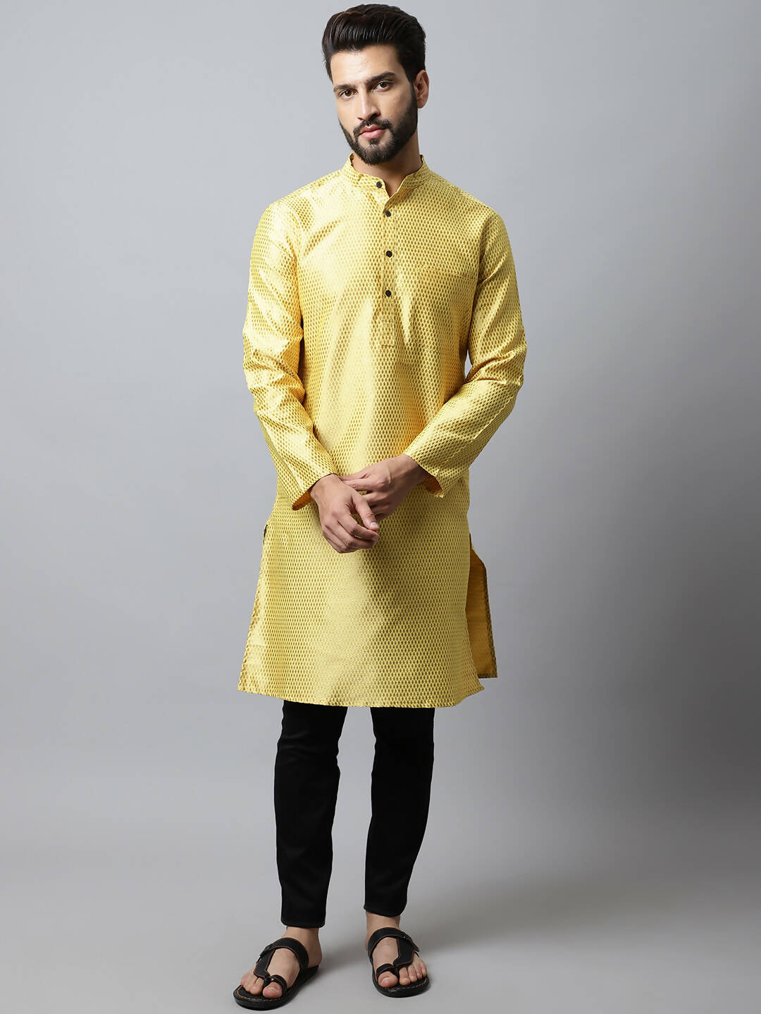 Even Apparels Yellow Color Art Silk Banarsi Silk Men's Kurta With Band Collar (BS017) | Grocsy