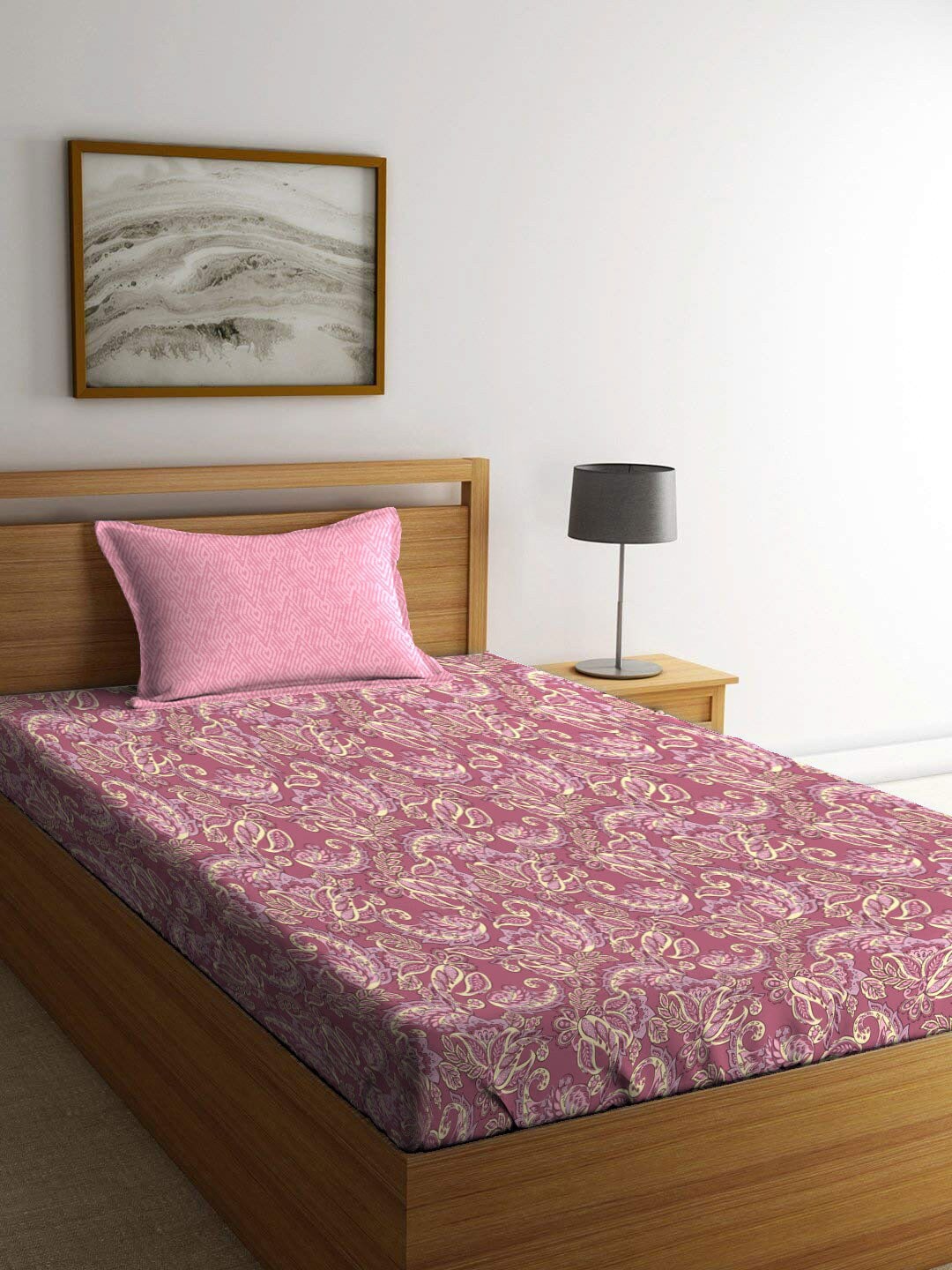 MYTRIDENT Maroon & White Ethnic Motifs Cotton 120 TC Single Bedsheet With 1 Pillow Cover | Grocsy