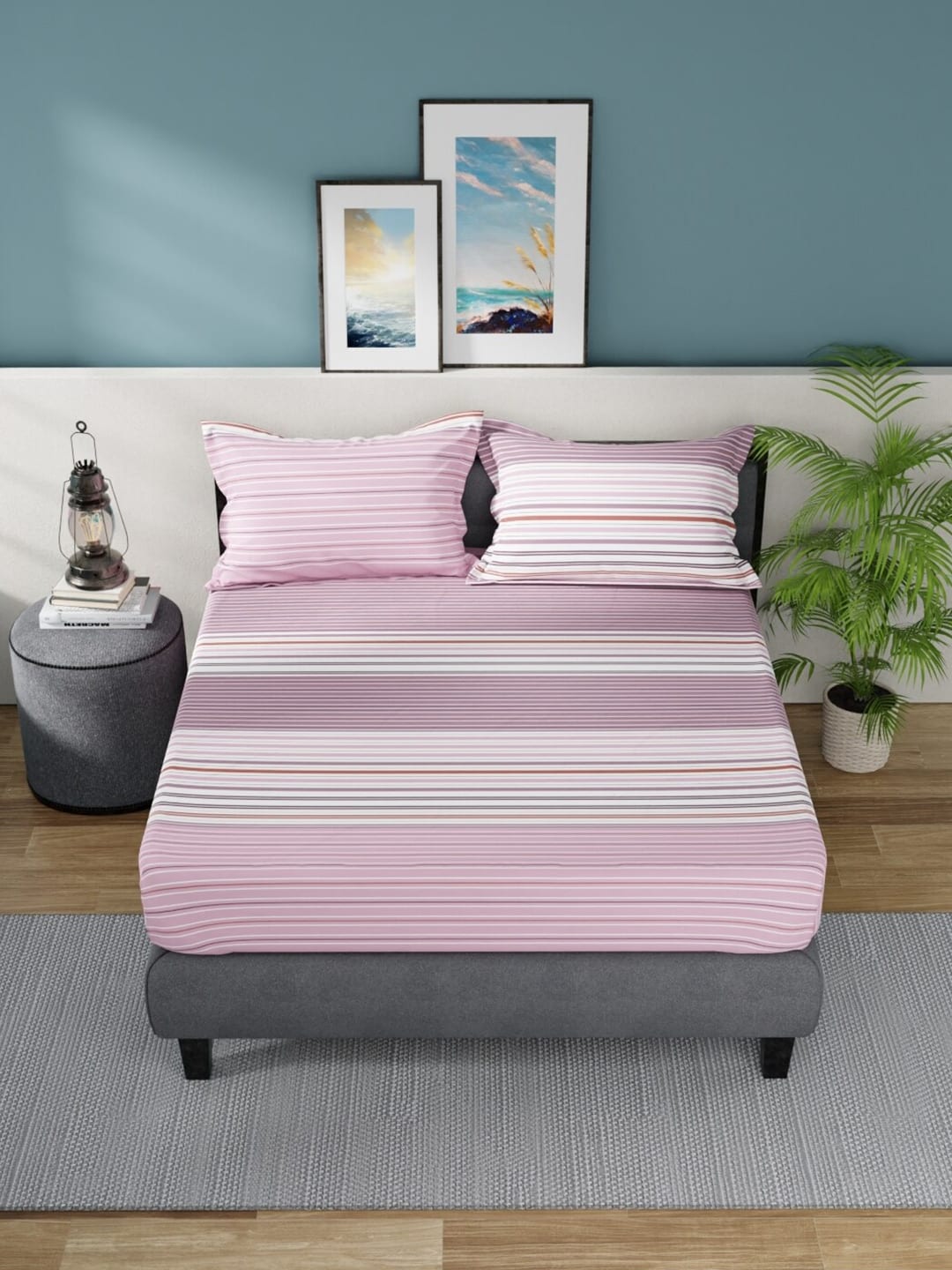 Nautica Bradford Pink & White Striped Cotton 160 TC King Bedsheet with 2 Pillow Covers | Grocsy