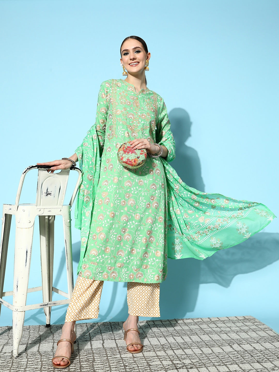 HERE&NOW Women Ethnic Motifs Printed Thread Work Kurta with Trousers & Dupatta | Grocsy