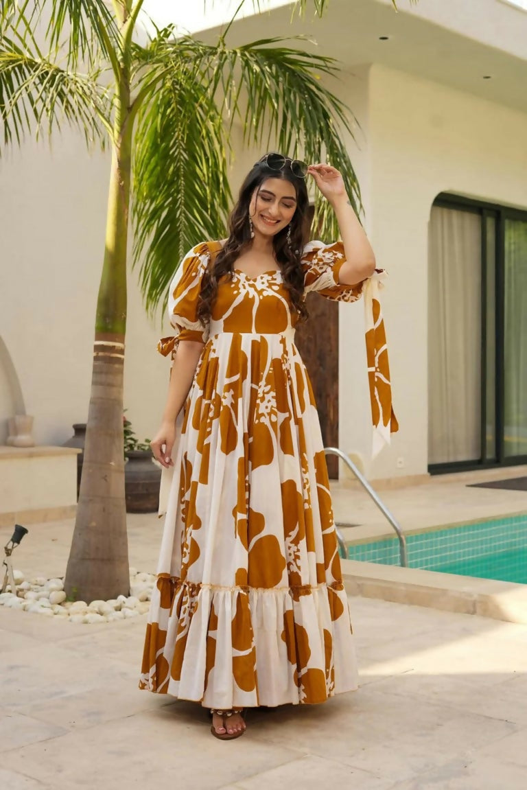 Aayaa Designer Cambric Cotton Printed Full Flaired Gown - Multi Color | Grocsy