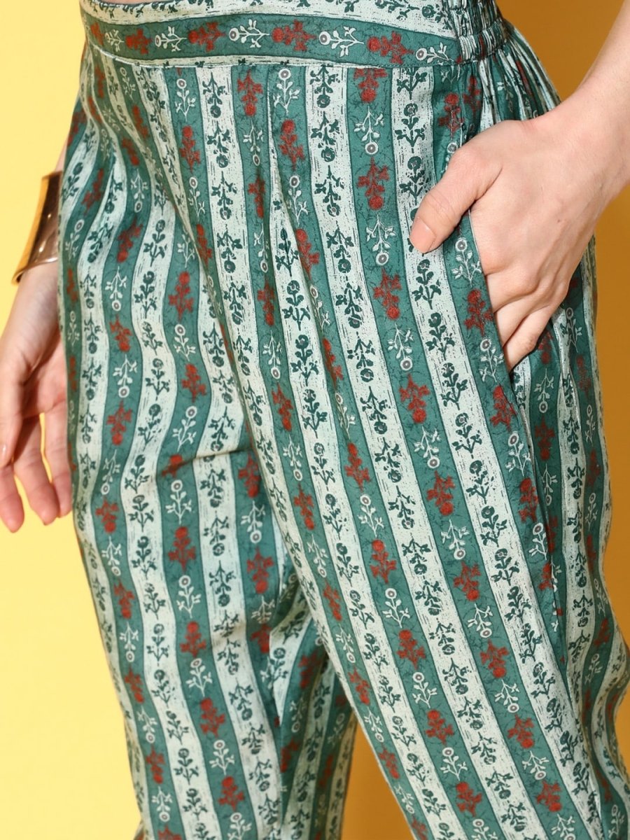 All About You Women Calm Green Ethnic Motifs Print Parade Kurta with Trousers | Grocsy