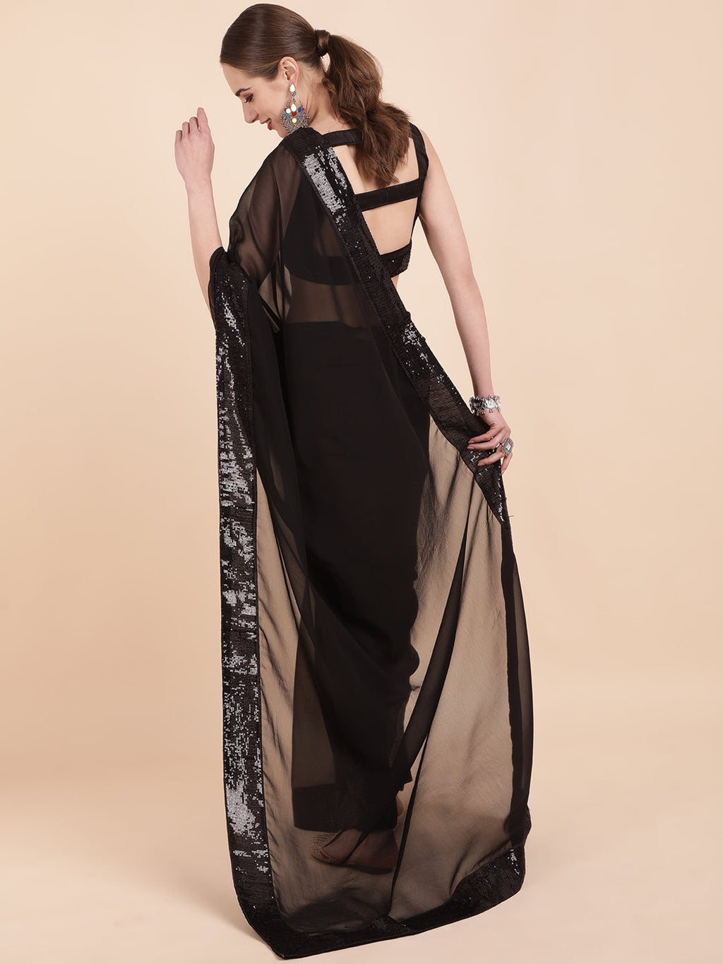 Sangria Black Sequinned Pure Georgette Saree | Grocsy