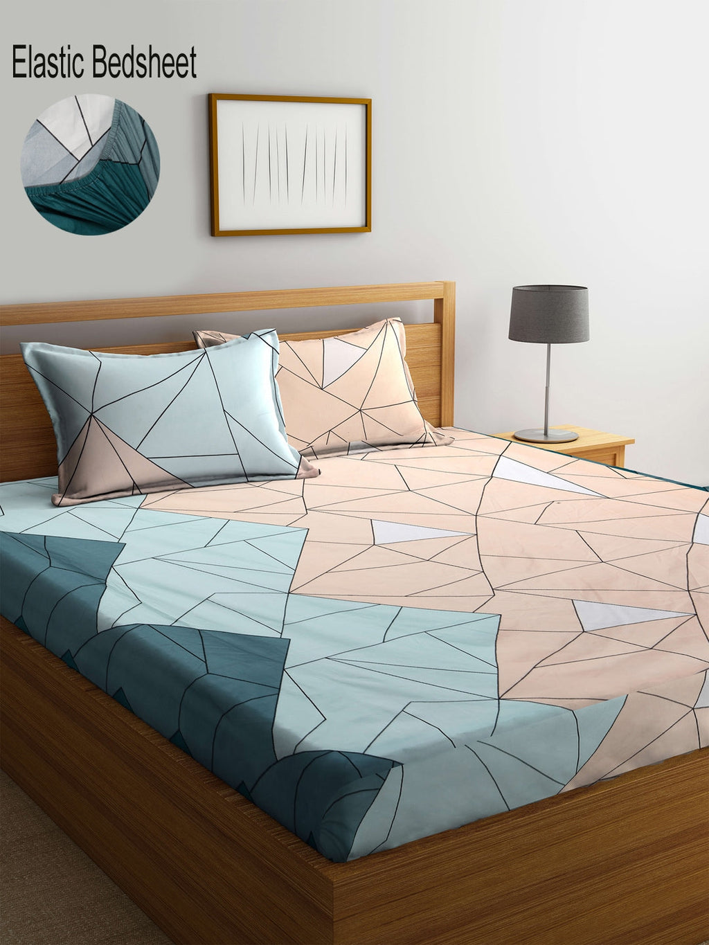 KLOTTHE Blue & Pink Geometric 300 TC King Fitted Bedsheet With 2 Pillow Covers | Grocsy