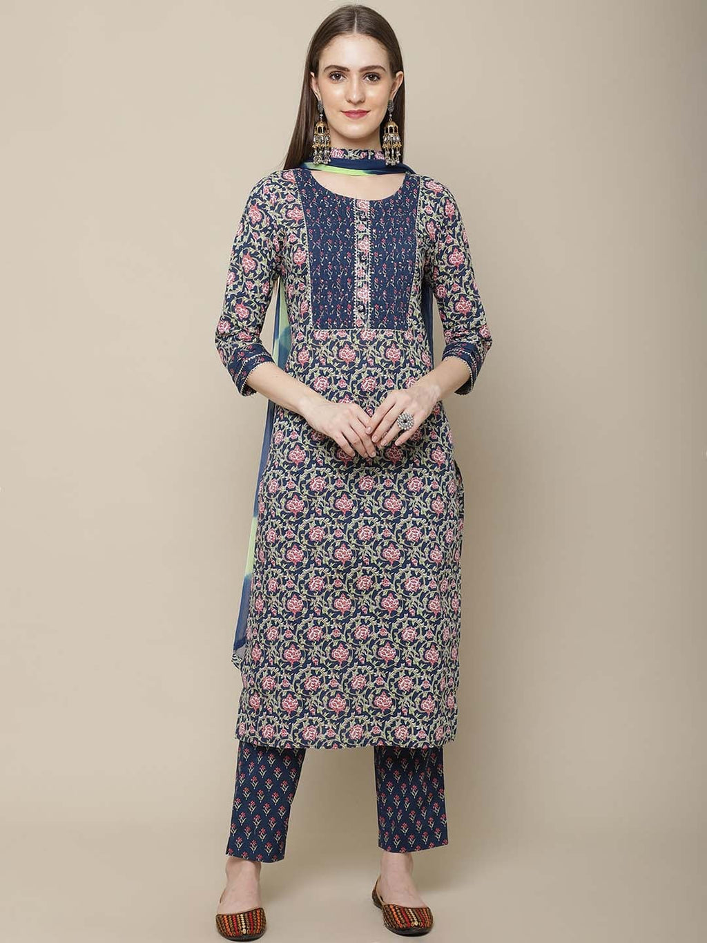 Sangria Women Navy Blue Floral Printed Pure Cotton Kurti with Trousers & With Dupatta | Grocsy