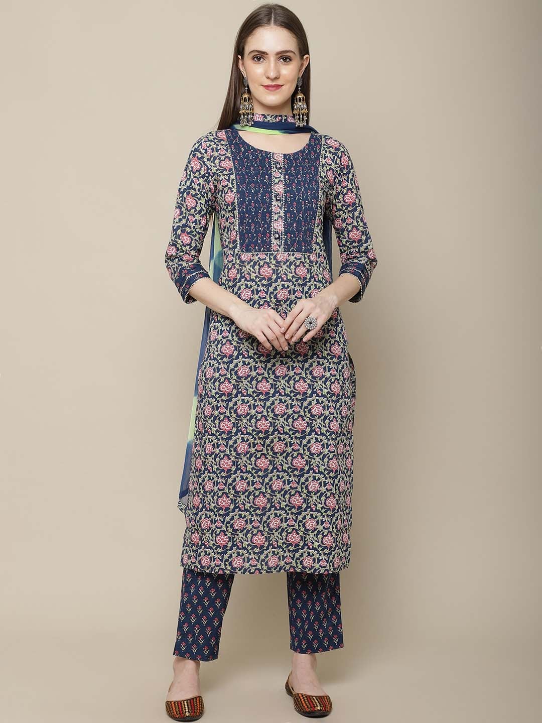 Sangria Women Navy Blue Floral Printed Pure Cotton Kurti with Trousers & With Dupatta | Grocsy