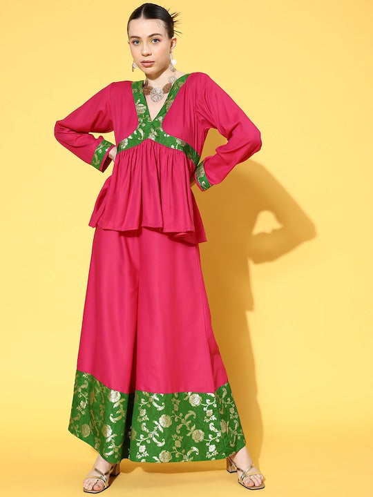 InWeave Women's Fuchsia Green Brocade Mughal Shaan Kurta Palazzo Set | Grocsy