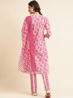 Sangria Pink & White Floral Printed Pure Cotton Straight Kurta With Trouser & Dupatta | Grocsy