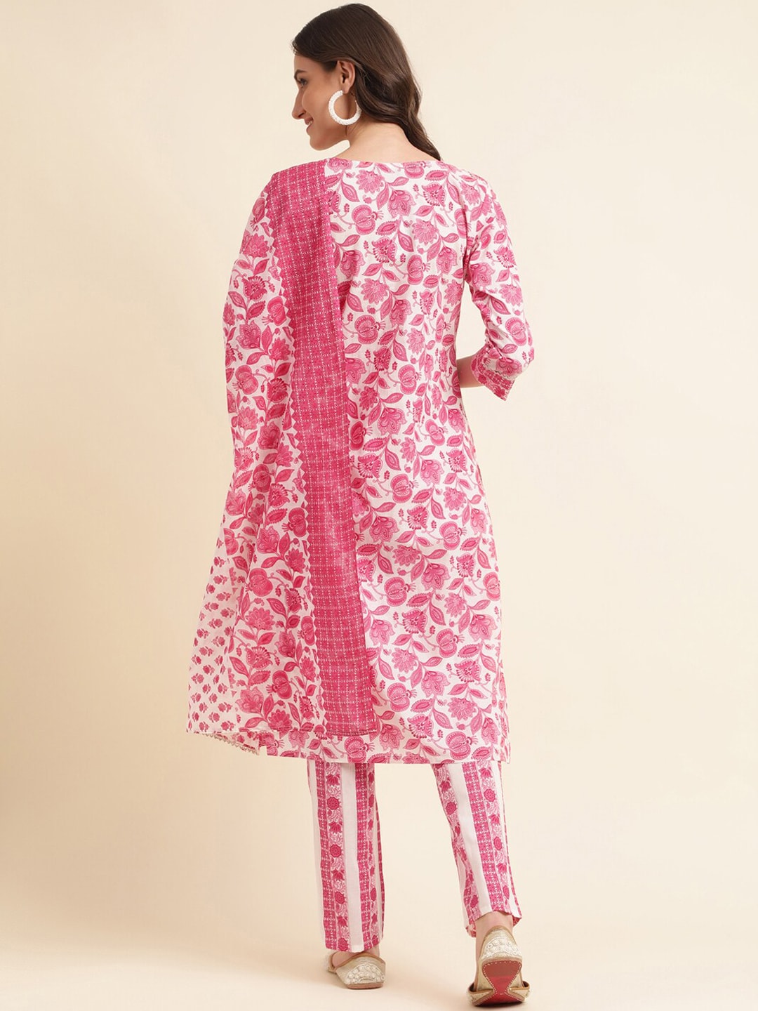 Sangria Pink & White Floral Printed Pure Cotton Straight Kurta With Trouser & Dupatta | Grocsy