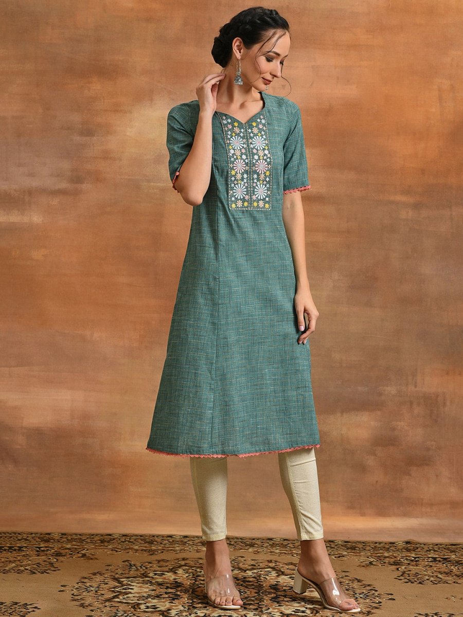 Aks Ethnic Motifs Embroidered V-Neck Thread Work Kurta | Grocsy