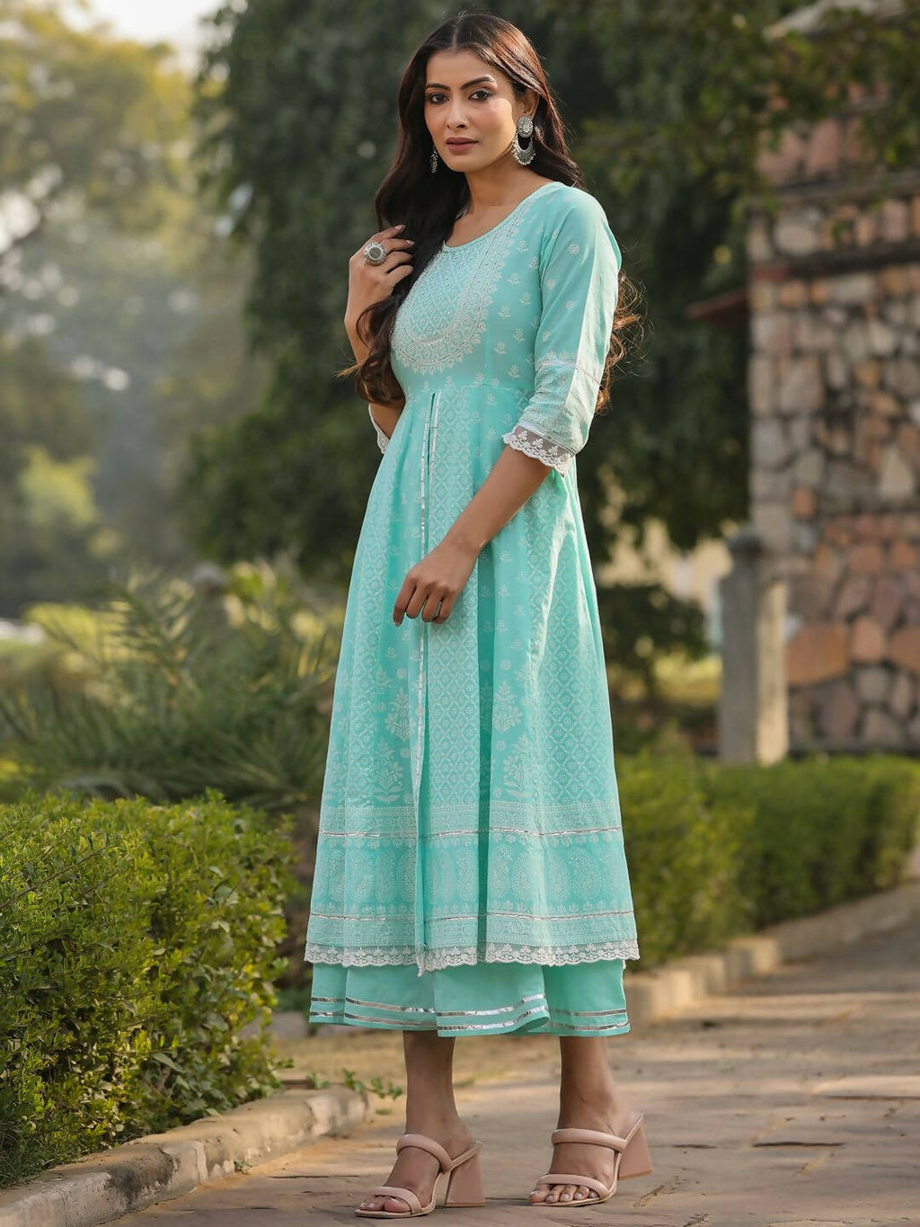 Juniper Women's Aqua Cambric Floral Printed Double Layered Kalidar Dress | Grocsy