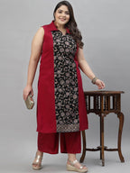 Sztori Plus Size Floral Printed Shirt Collar Straight Crepe Kurta with Palazzos | Grocsy