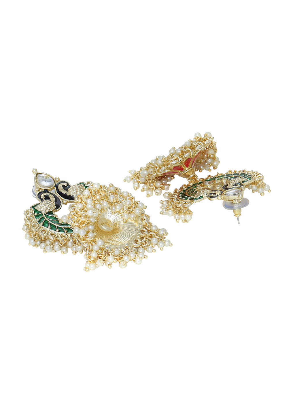 Shoshaa Gold-Polished Green Enamelled Peacock Shaped Jhumkas | Grocsy