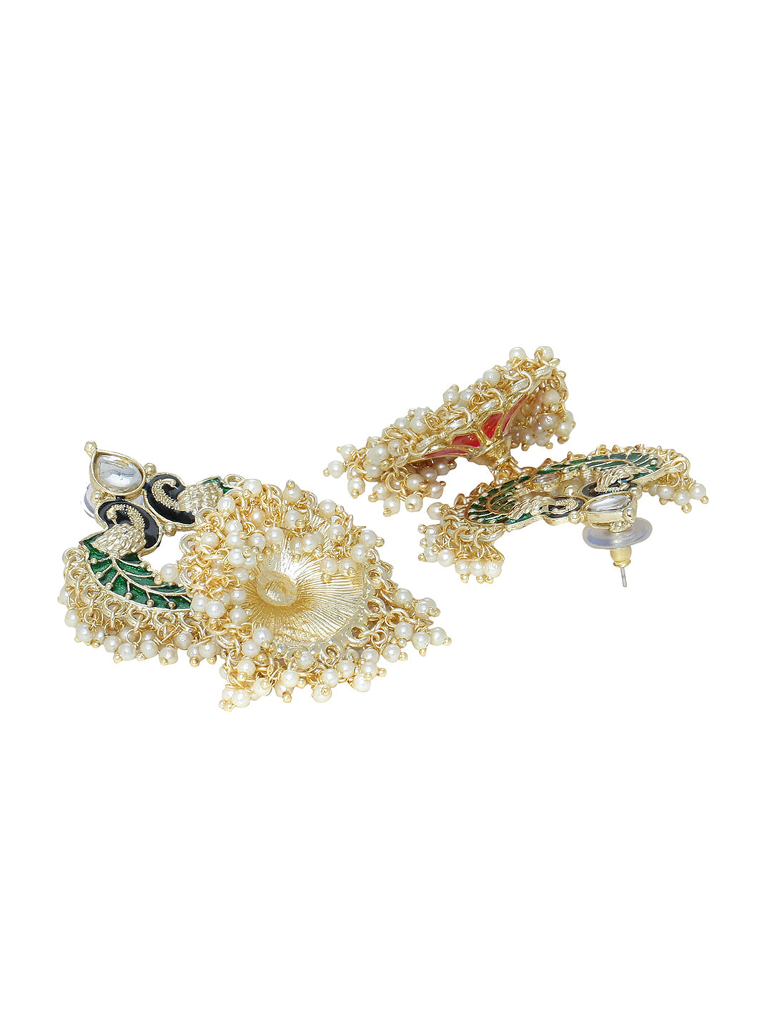 Shoshaa Gold-Polished Green Enamelled Peacock Shaped Jhumkas | Grocsy