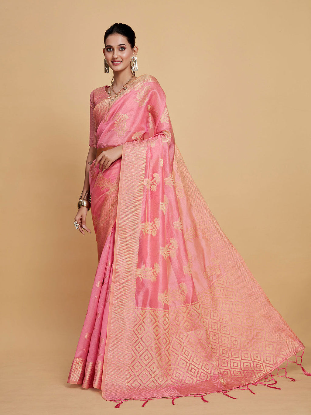 Sangria Pink Woven Design Organza Saree | Grocsy