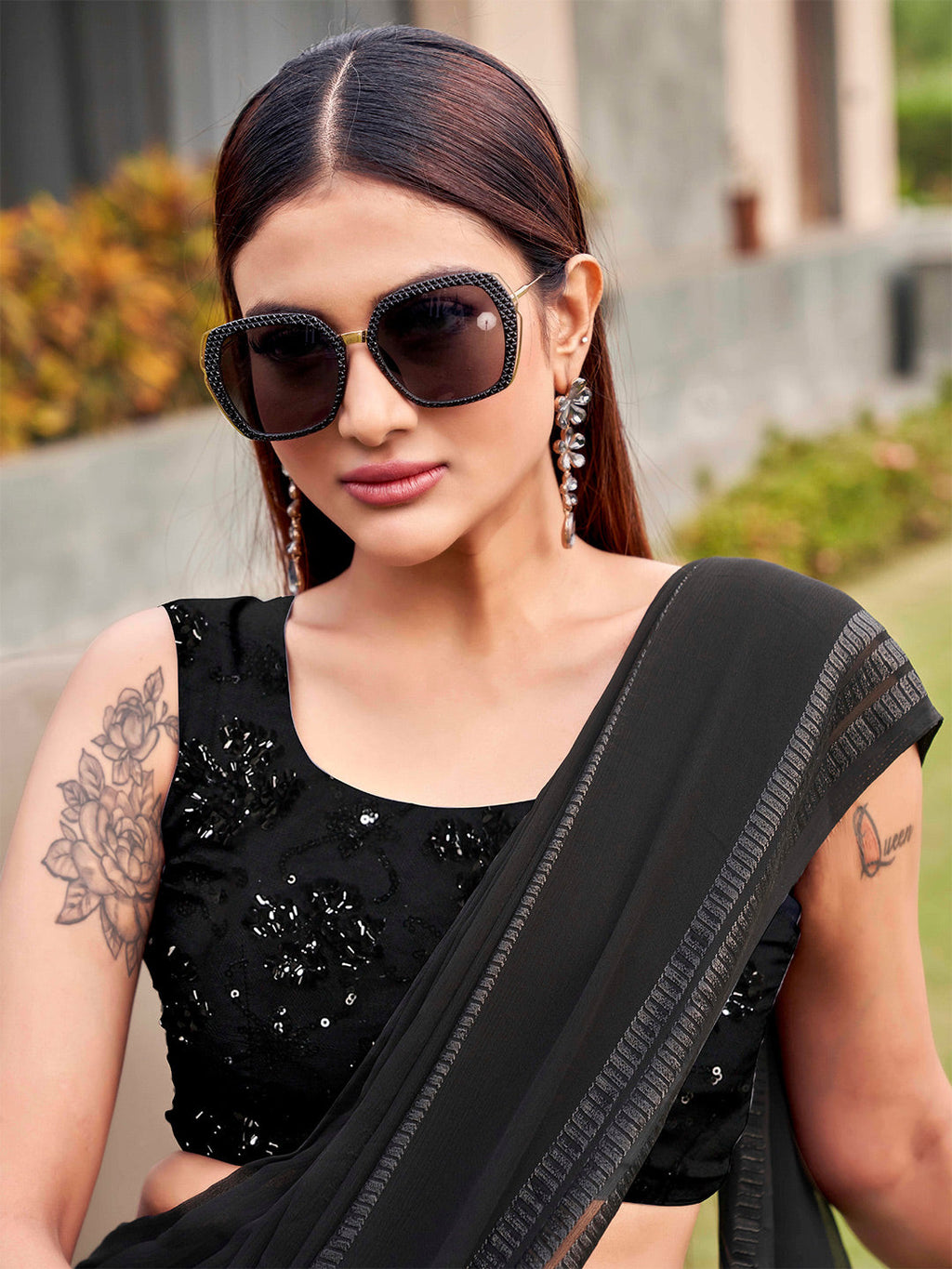 Tikhi Imli Black Striped Sequinned Saree | Grocsy