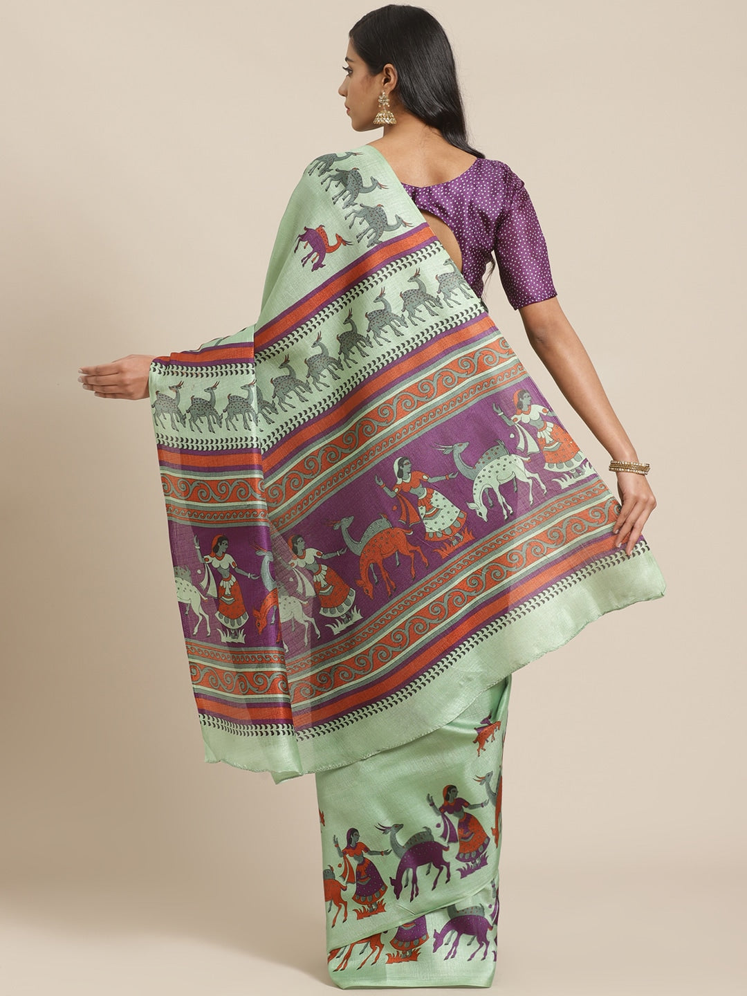 Saree Mall Green & Purple Ethnic Motifs Print Bhagalpuri Saree | Grocsy