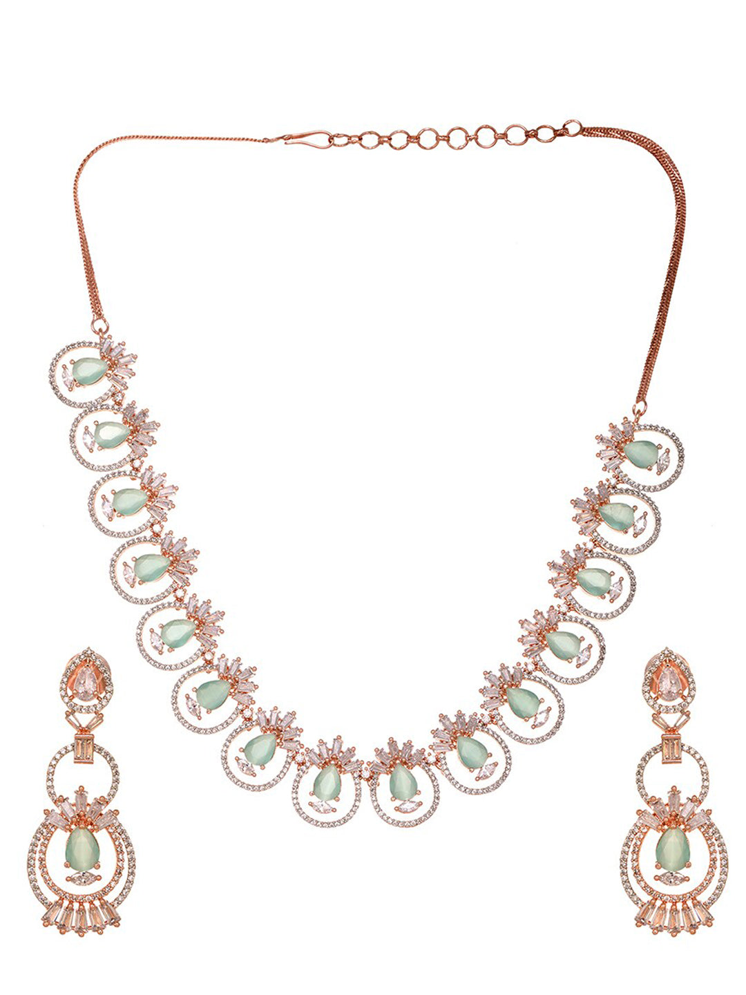 Saraf RS Jewellery Rose Gold-Polished & Sea Green American Diamond Studded Jewellery Set | Grocsy