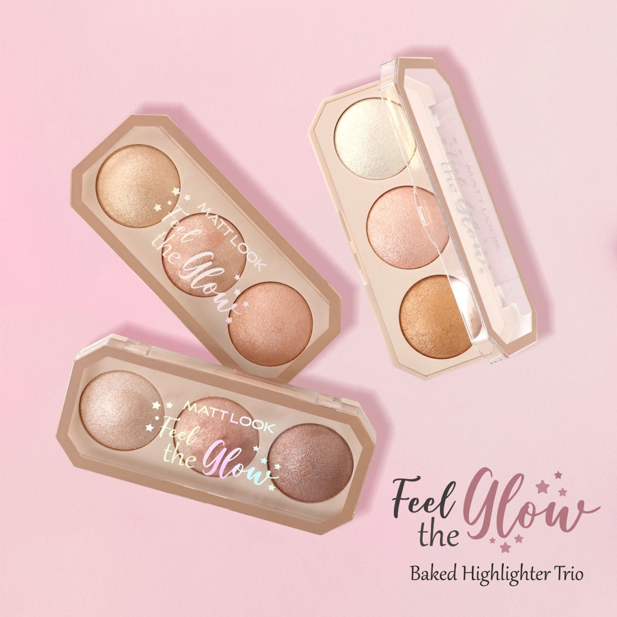 Matt Look Feel The Glow Baked Shimmer Highlighter Trio Palette - 02 Beaming Beauty | Grocsy