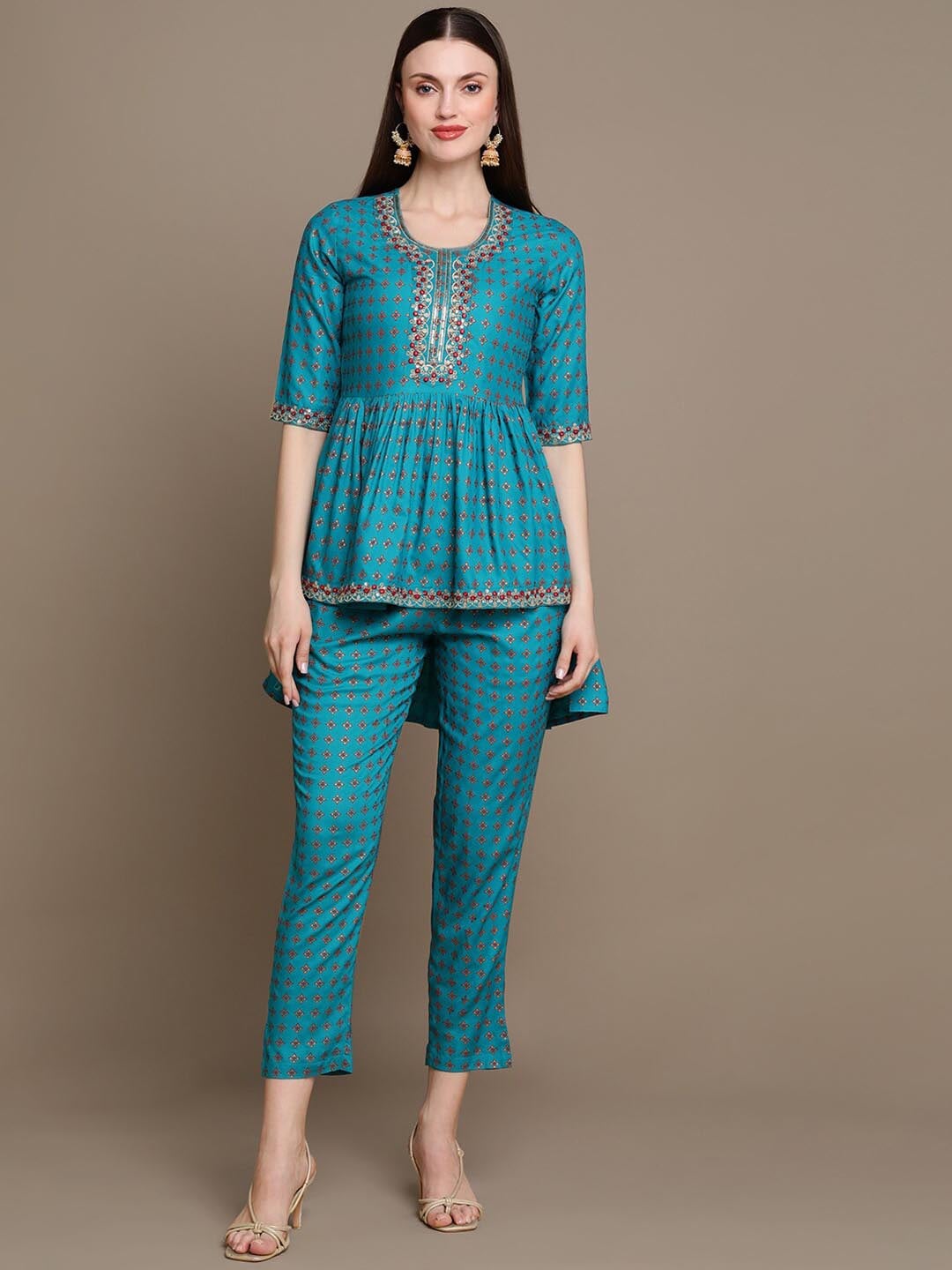 HERE&NOW Ethnic Motifs Embroidered Thread Work & Sequinned High-Low Kurti with Trousers | Grocsy