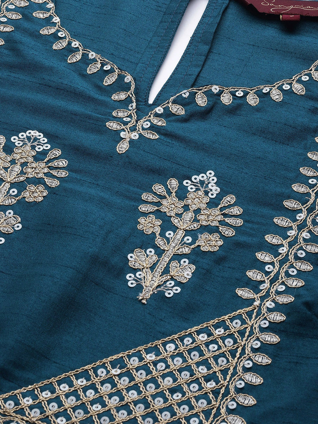 Sangria Women Teal Blue & Golden Ethnic Motifs Embroidered Sequinned Straight Kurta | Grocsy