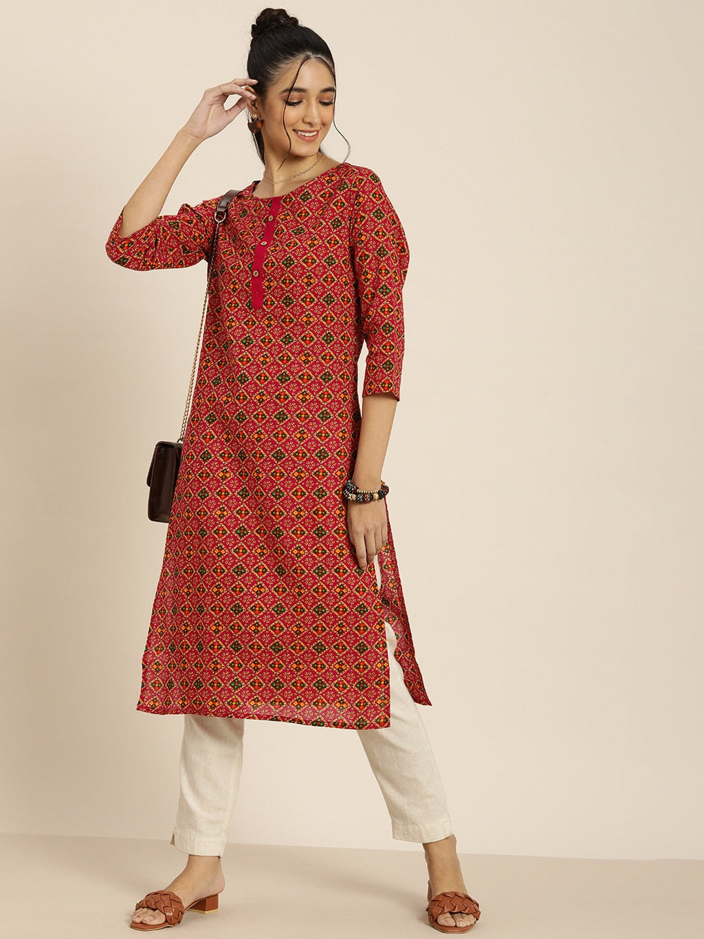 Sangria Women Pink & Green Pure Cotton Bandhani Printed Kurta | Grocsy