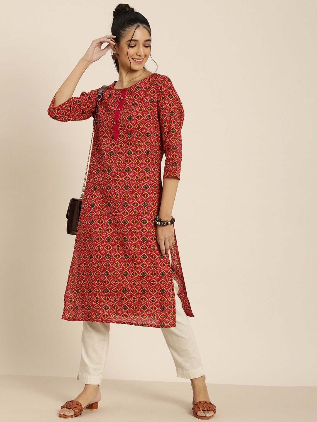 Sangria Women Pink & Green Pure Cotton Bandhani Printed Kurta | Grocsy