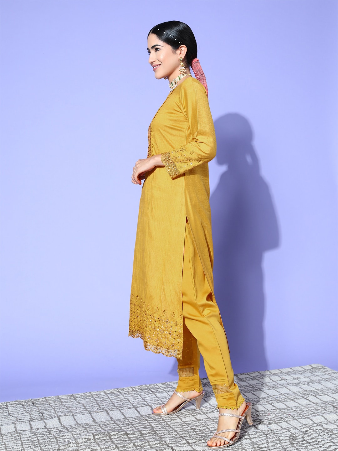 Sangria Floral Embroidered Regular Sequinned Kurta with Trousers & With Dupatta | Grocsy