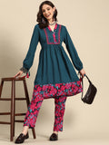 Sangria Women Floral Printed Gathered A-Line Kurta with Trousers | Grocsy